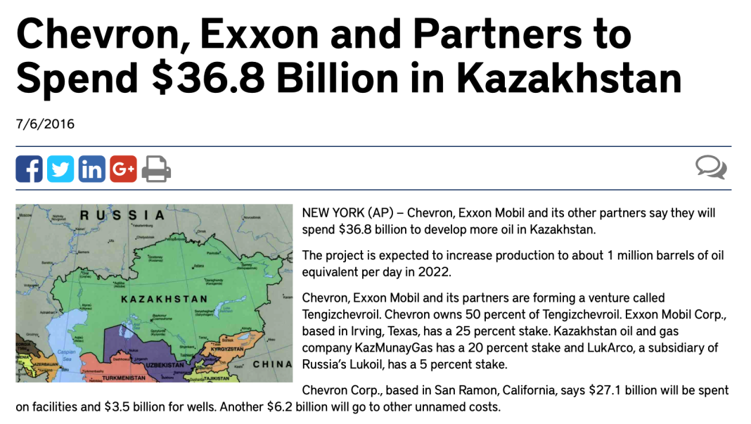 Miza kazahă: Numai Exxon și Chevron au băgat peste 300 miliarde dolari