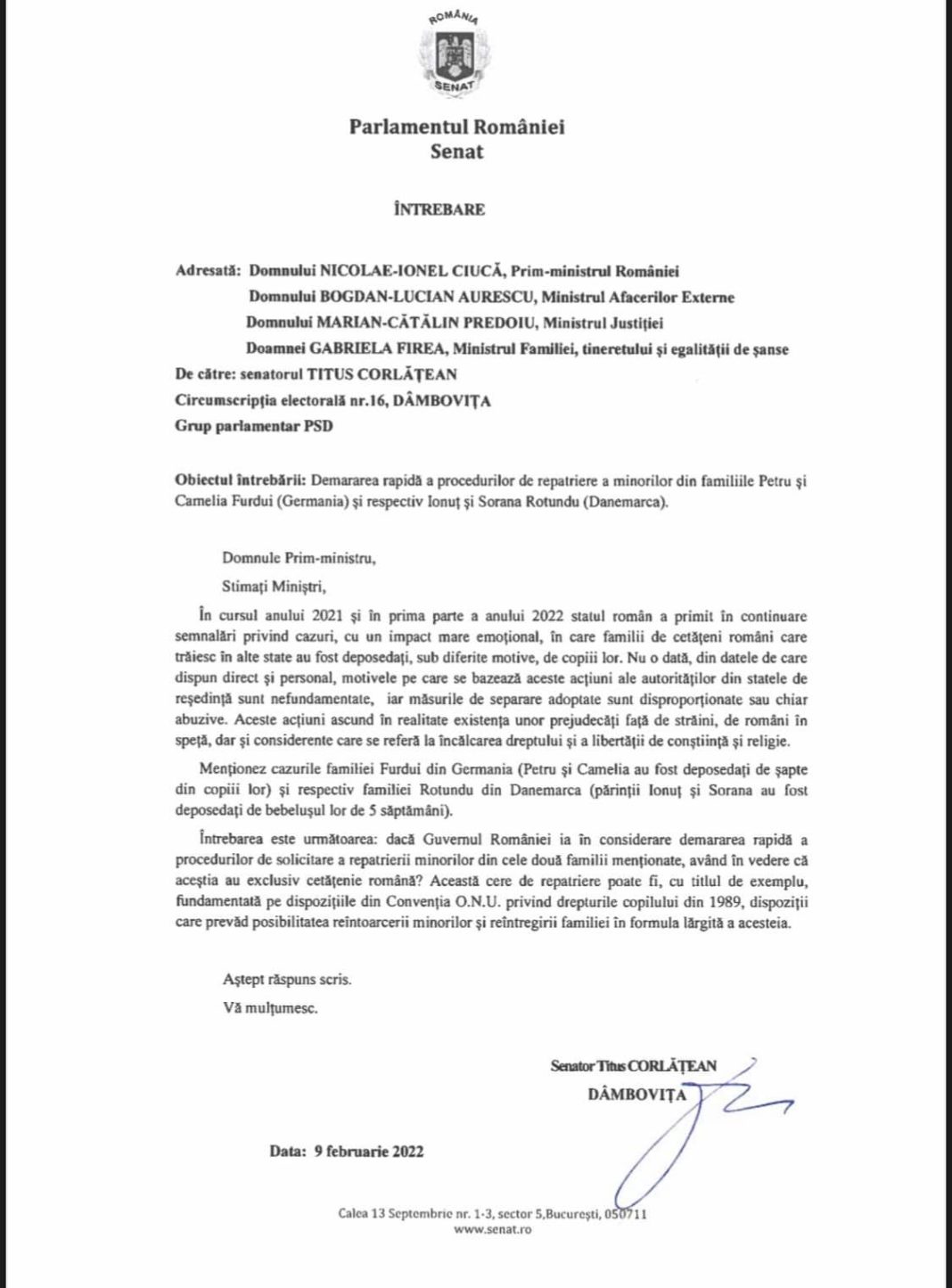 VIDEO/ Senatorul Titus Corlățean, interpelare pentru premier și alți miniștri: Guvernul intenționează să demareze rapid procedurile de repatriere a copiilor minori separați abuziv de părinții lor de către autoritățile naționale din Germania, în cazul familiei Furdui și respectiv Danemarca, în cazul familiei Rotundu?