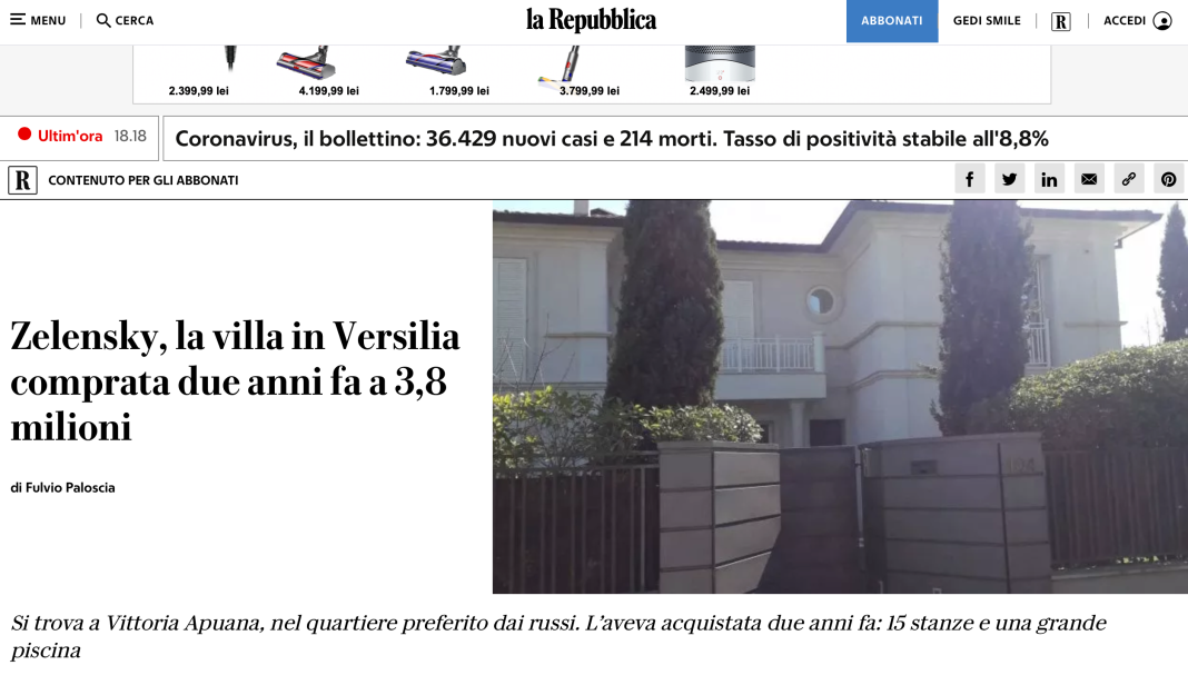 Cotidianul italian La Repubblica: Vila de 3,8 milioane de euro a lui Zelensky din Toscana