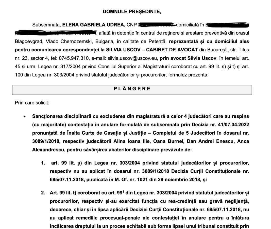 DOCUMENT/Elena Udrea cere excludere din magistratură a 4 judecători de la Înalta Curte