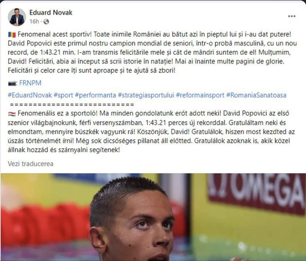Ministrul maghiar al Sportului încă un scandal: David Popovici
