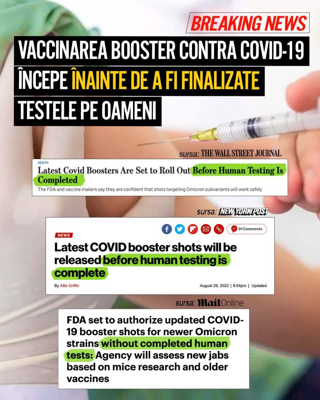Terheș: FDA din SUA a aprobat în mai puțin de o săptămână boosterele „bivalente” de la Pfizer și Moderna fără ca acestea să fi fost testate în prealabil pe oameni, ci doar pe șoreci