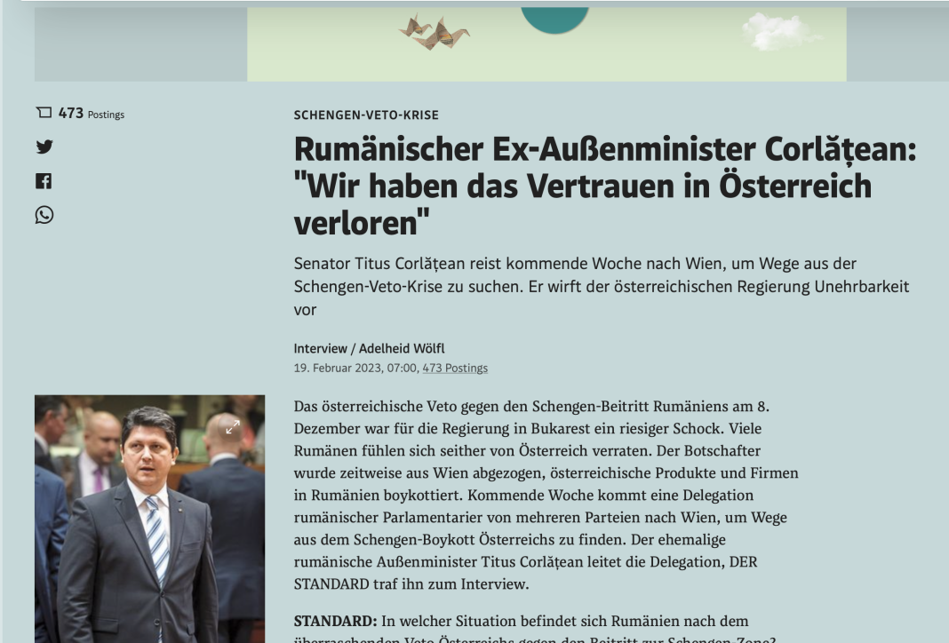 Titus Corlățean, interviu în austriacul Der Standard: Uitaţi-vă pe hartă. E prostesc să crezi că că un migrant din Serbia sau Croaţia ar trece prin România. De ce ar face un ocol, în loc să treacă direct spre vest, via Ungaria? Avem sentimentul umilirii societăţii româneşti