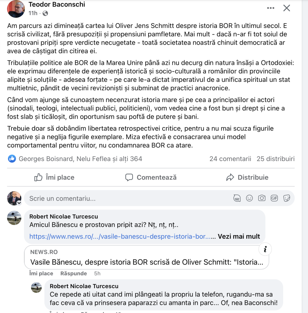 Robert Turcescu către Teodor Baconshi pe Facebook: Ce repede ați uitat când îmi plângeați la propriu la telefon, rugându-mă să fac ceva că va prinseseră paparazzi cu amanta în parc