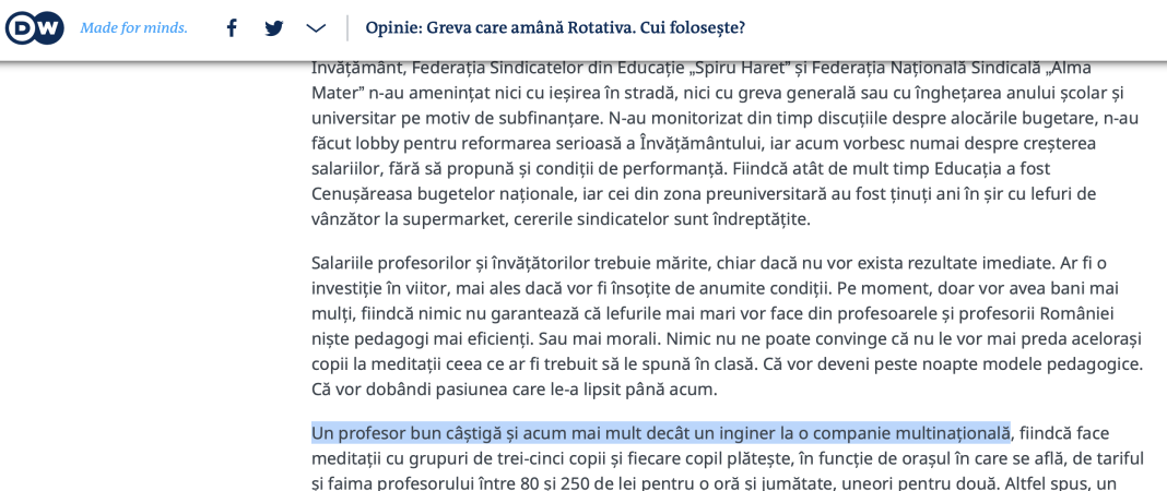 Deutsche Welle: Un profesor bun câștigă și acum mai mult decât un inginer la o companie multinațională