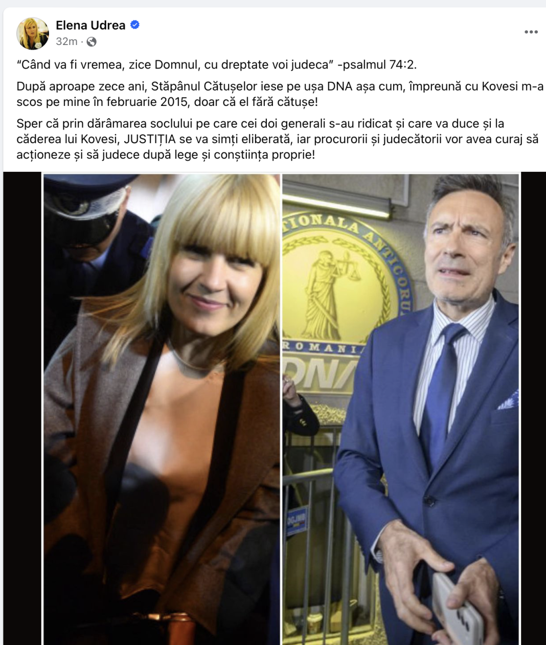 Elena Udrea: Stăpânul Cătușelor iese pe ușa DNA așa cum, împreună cu Kovesi m-a scos pe mine în februarie 2015, doar că el fără cătușe!