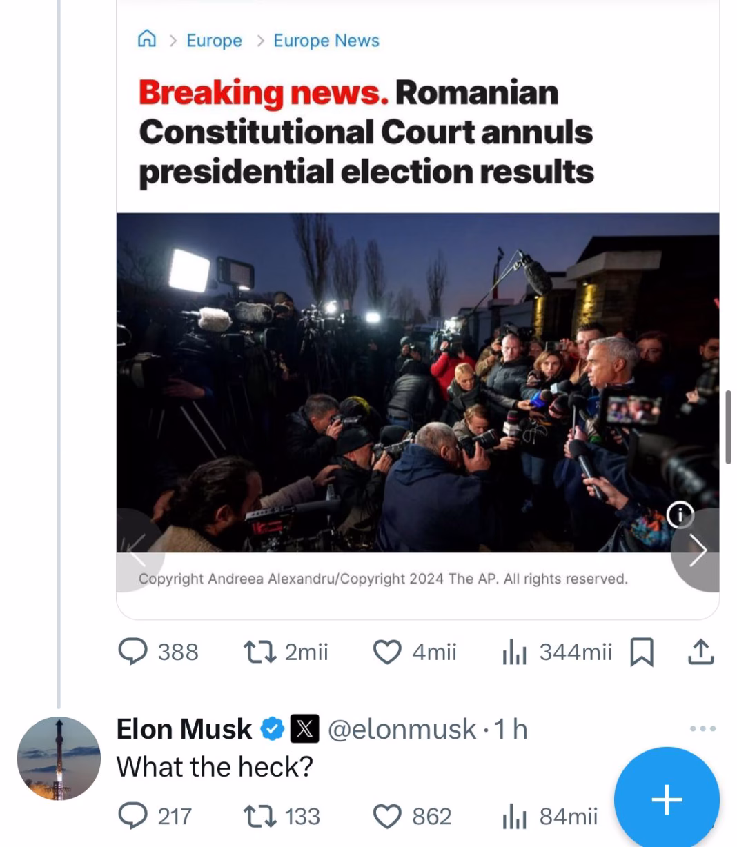 Musk despre anularea alegerea prezidențialelor din România: What the heck?