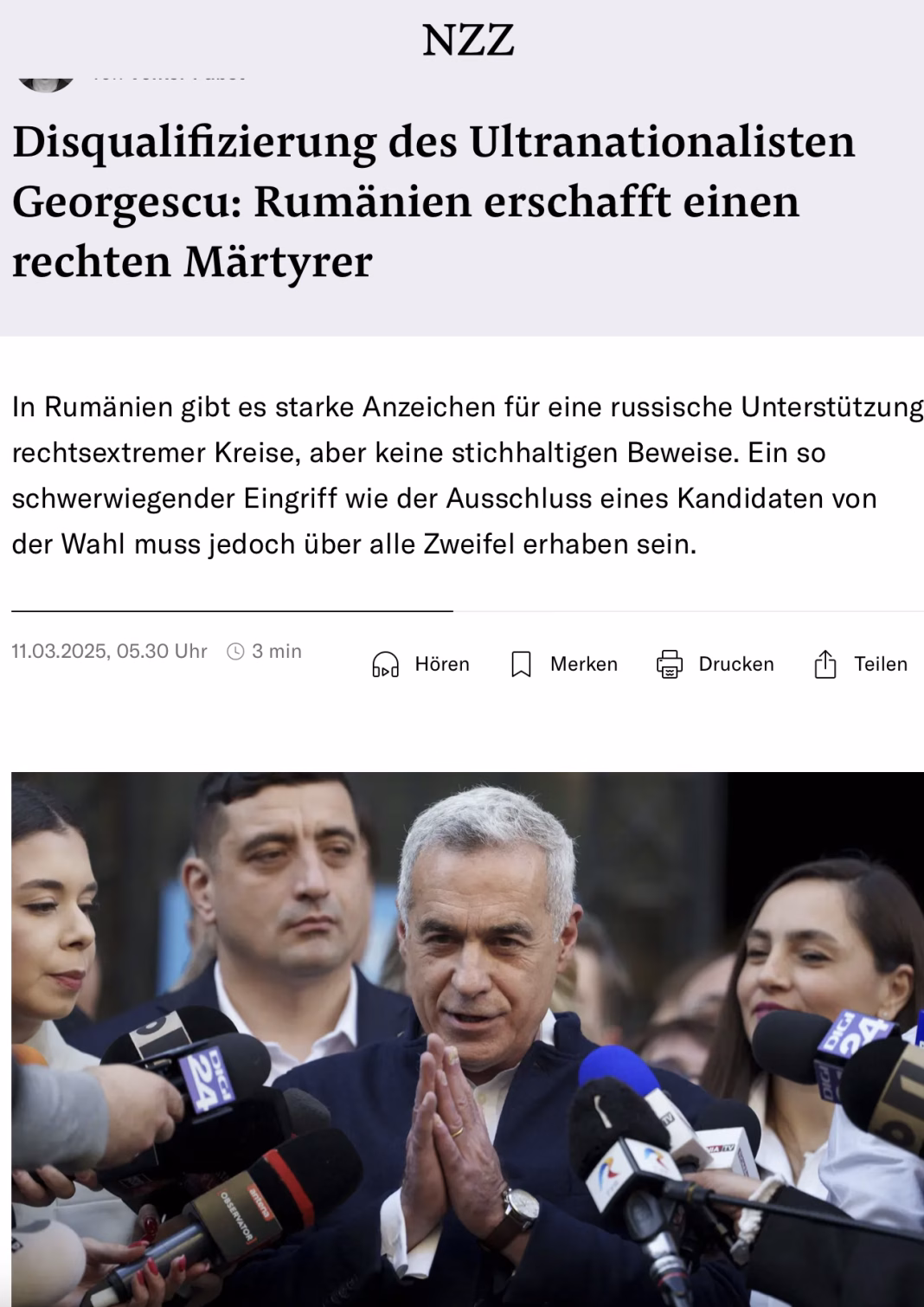 Neue Zürcher Zeitung: România a reușit să ”fabrice un martir al dreptei”