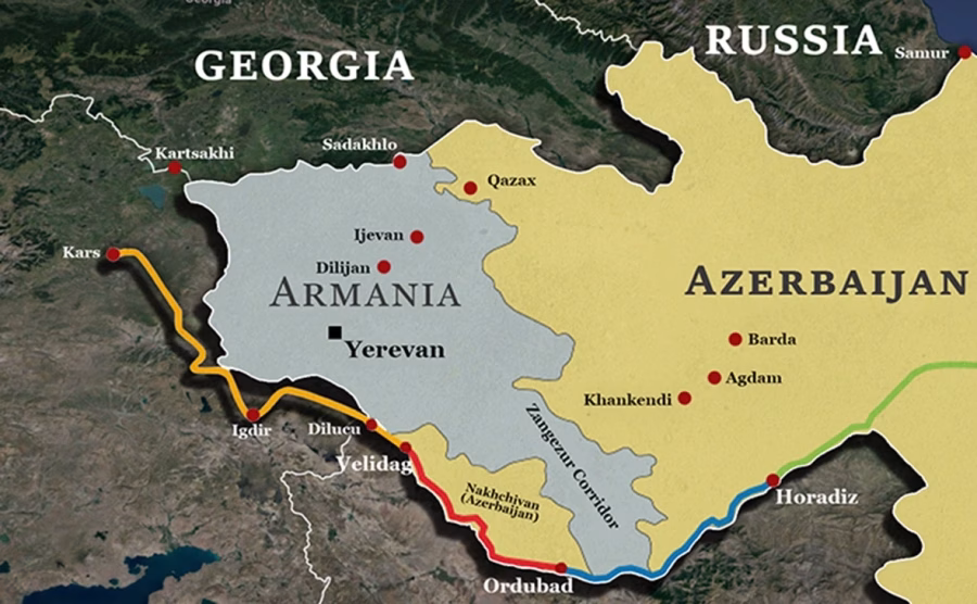 SUA vor să închirieze coridorul Zangezur dintre Armenia și Azerbaidjan pe 100 de ani. In spate se află Erdogan