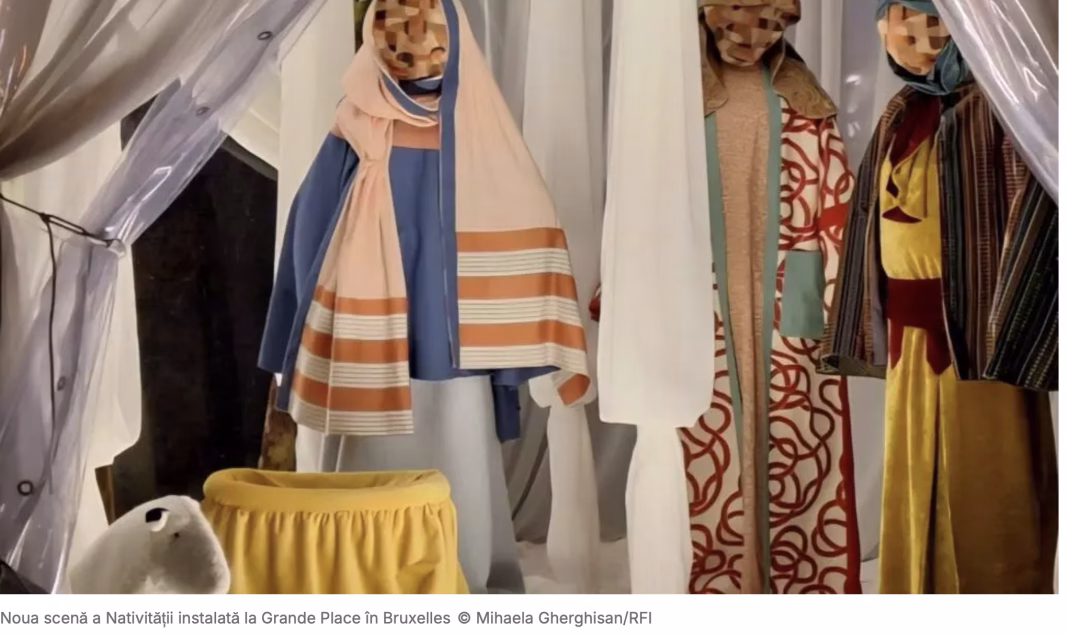 „Zombie”: Fecioara Maria, Iosif și micul Iisus sunt reprezentați prin păpuși fără față in scena nativității din Grande Place din Bruxelles